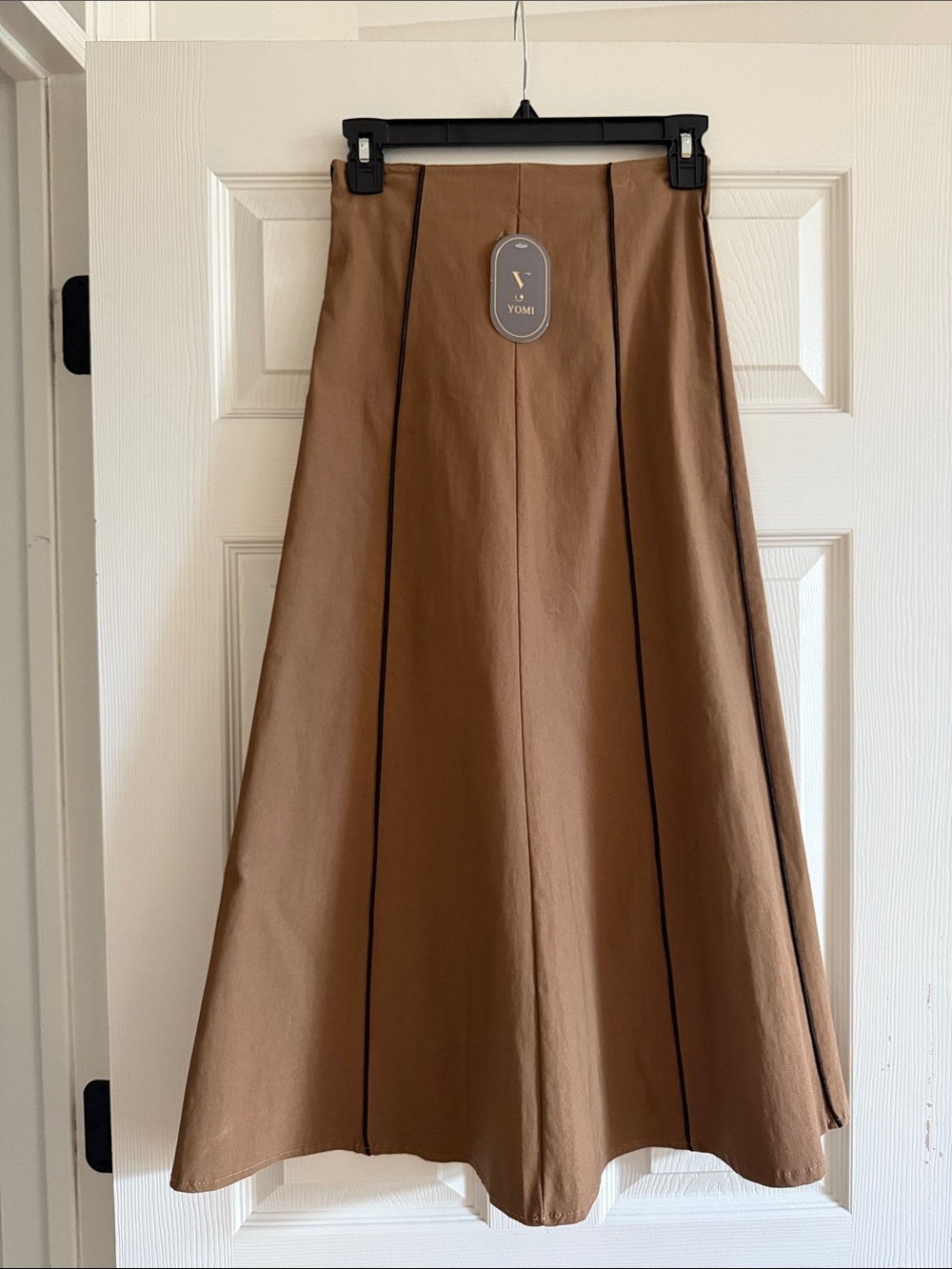 Tan A-Line Skirt with Black Piping